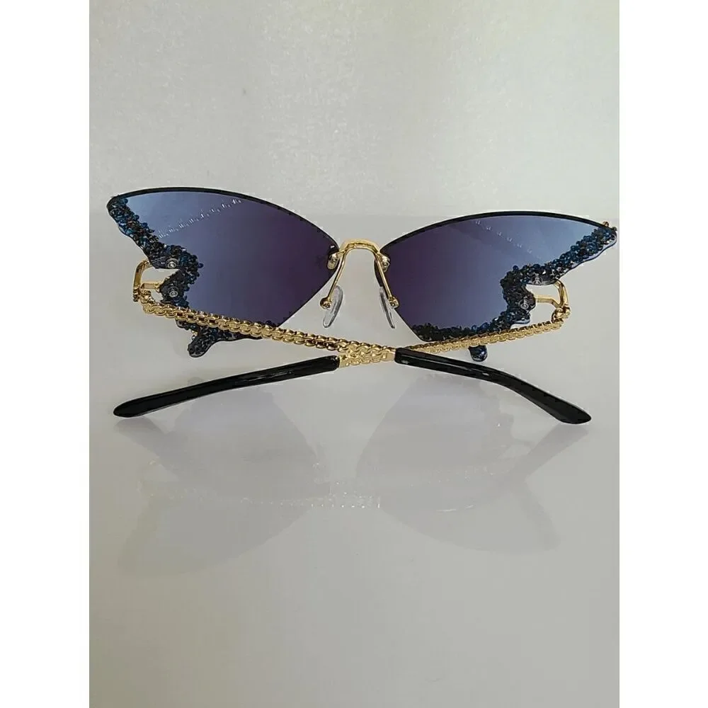 🦋✨ Rhinestone Diamond Butterfly Rimless Y2K Shades Sunglasses NEW